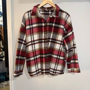 Amazon Women's Plaid Button Down Shirt - Red, Brown, White